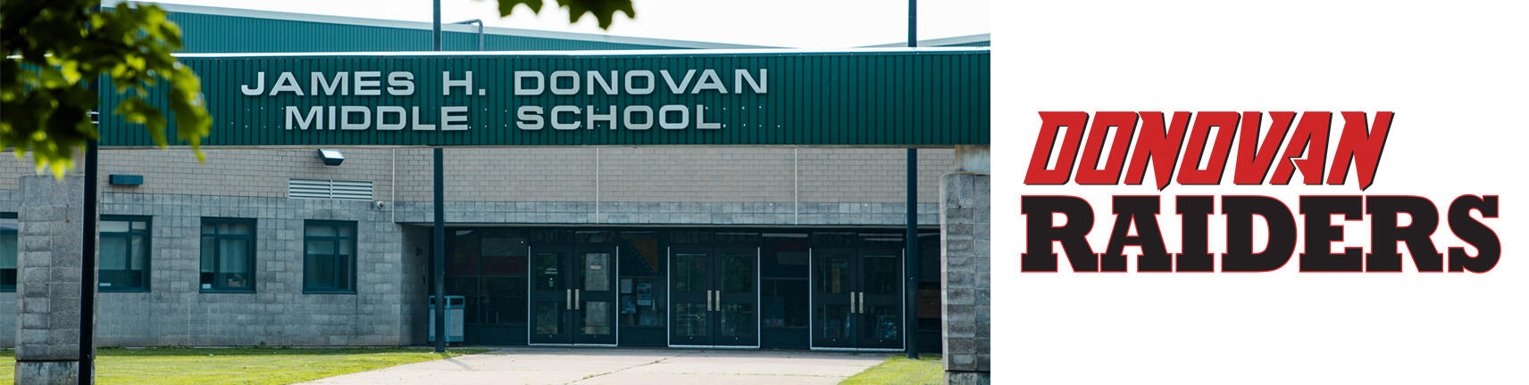 Picture of building of Donovan School and the Donovan Raiders Logo