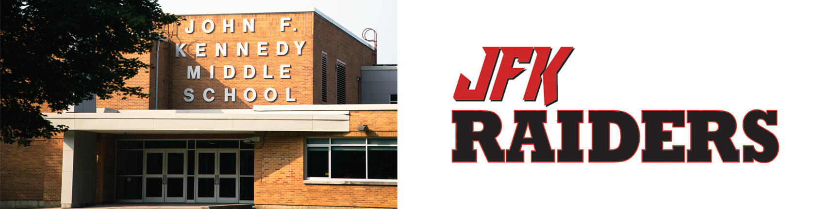 Picture of building of JFK School and the JFK Raiders Logo